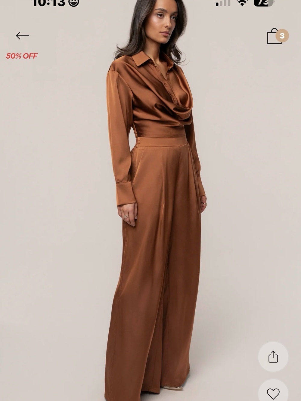 JLUXLABEL Satin Cowl-Neck Wide-Leg Jumpsuit in Copper Brown